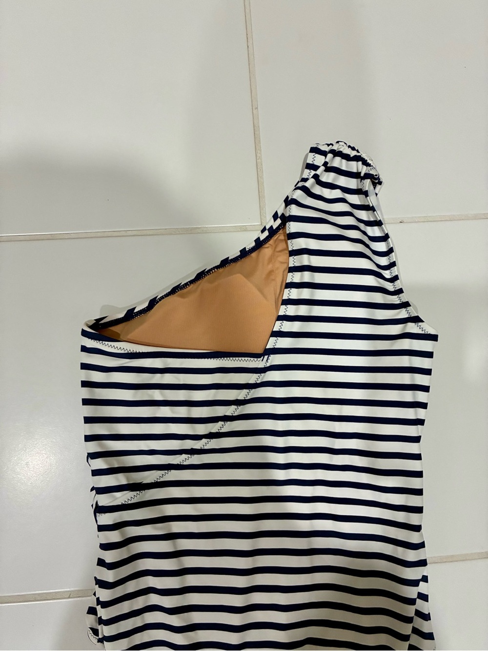 J. Crew Striped One-Shoulder One-Piece Swimsuit in Navy and White - Picture 3 of 10